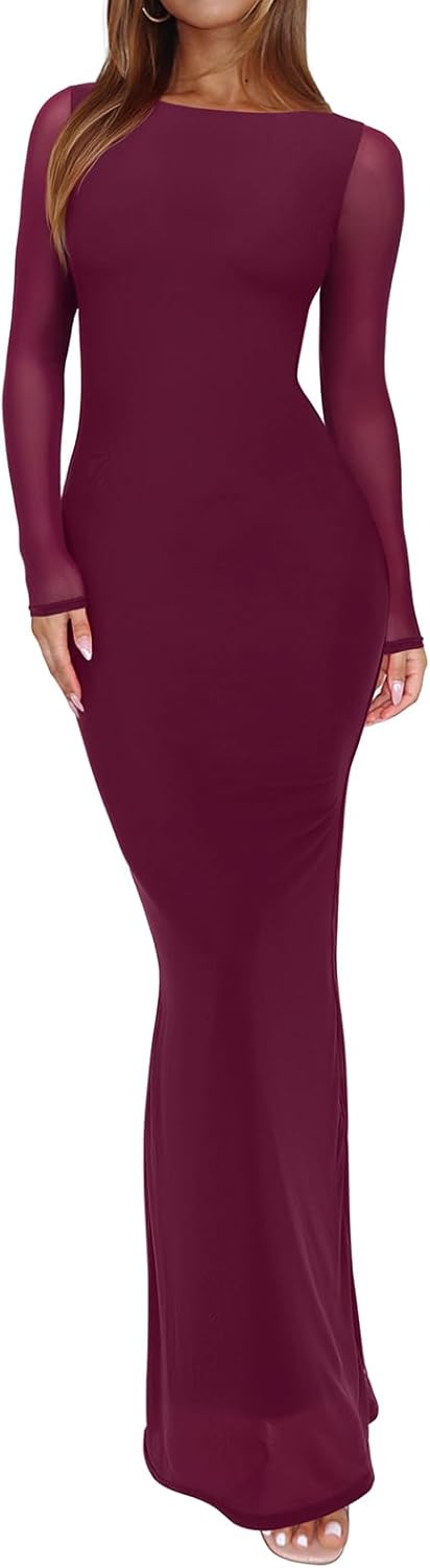 REORIA Women's Fall Mesh Sheer Long Sleeve Wedding Guest Dress