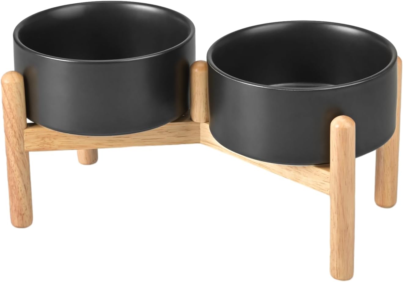 Elevated Dog Feeding Set with Ceramic Bowls and Wooden Stand
