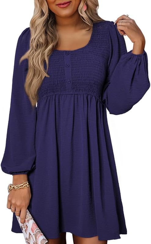 Dokotoo Womens Casual Dresses with Smocked Crewneck Design