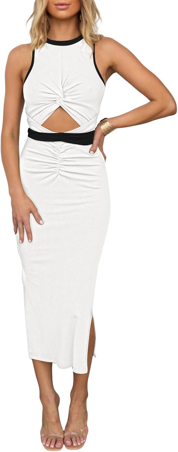 HUUSA Women's Sexy Sleeveless Cut Out Bodycon Midi Dress