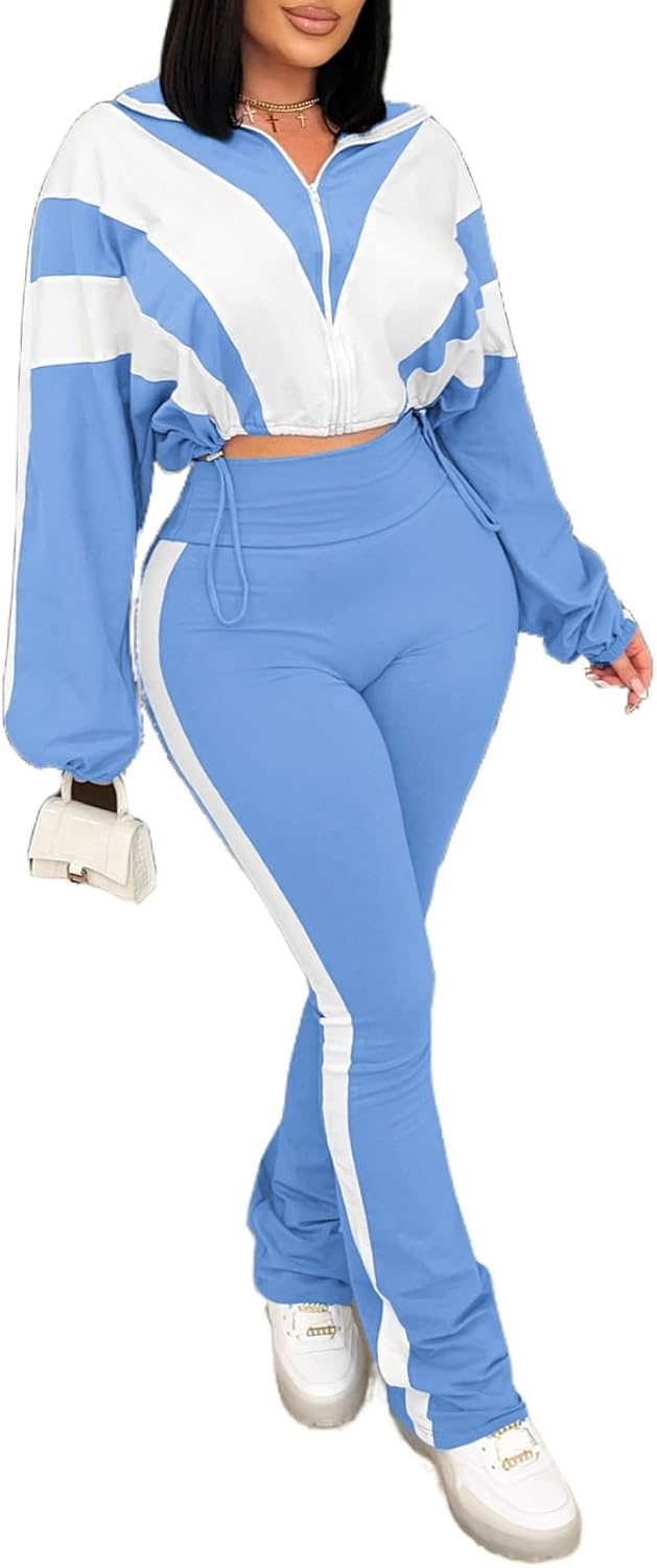 Stylish Color Block Long Sleeve Zip Jacket and Pants Set for Women