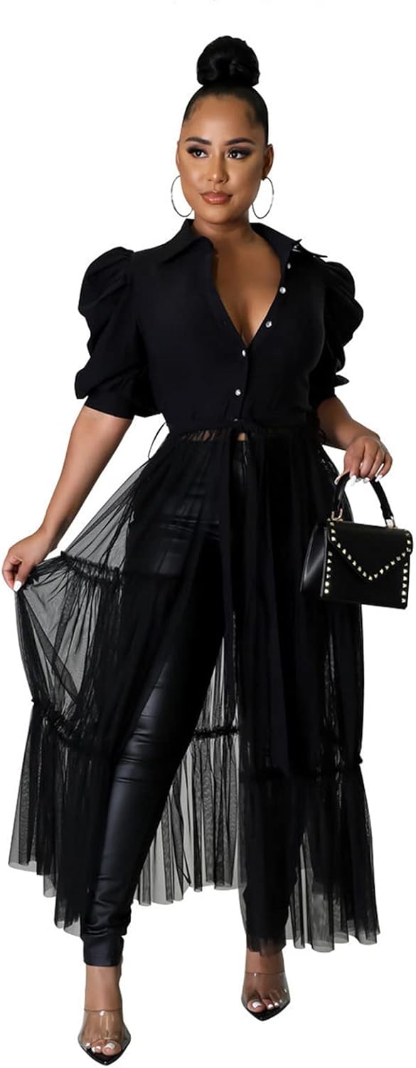 Ekaliy Women Sexy Short Sleeve Bodycon High Low Tunics Blouse