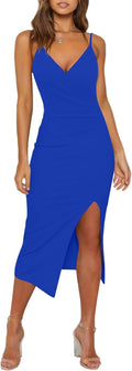 Women's Sexy V Neck Spaghetti Strap Wrap Bodycon Dress - Ruched Side