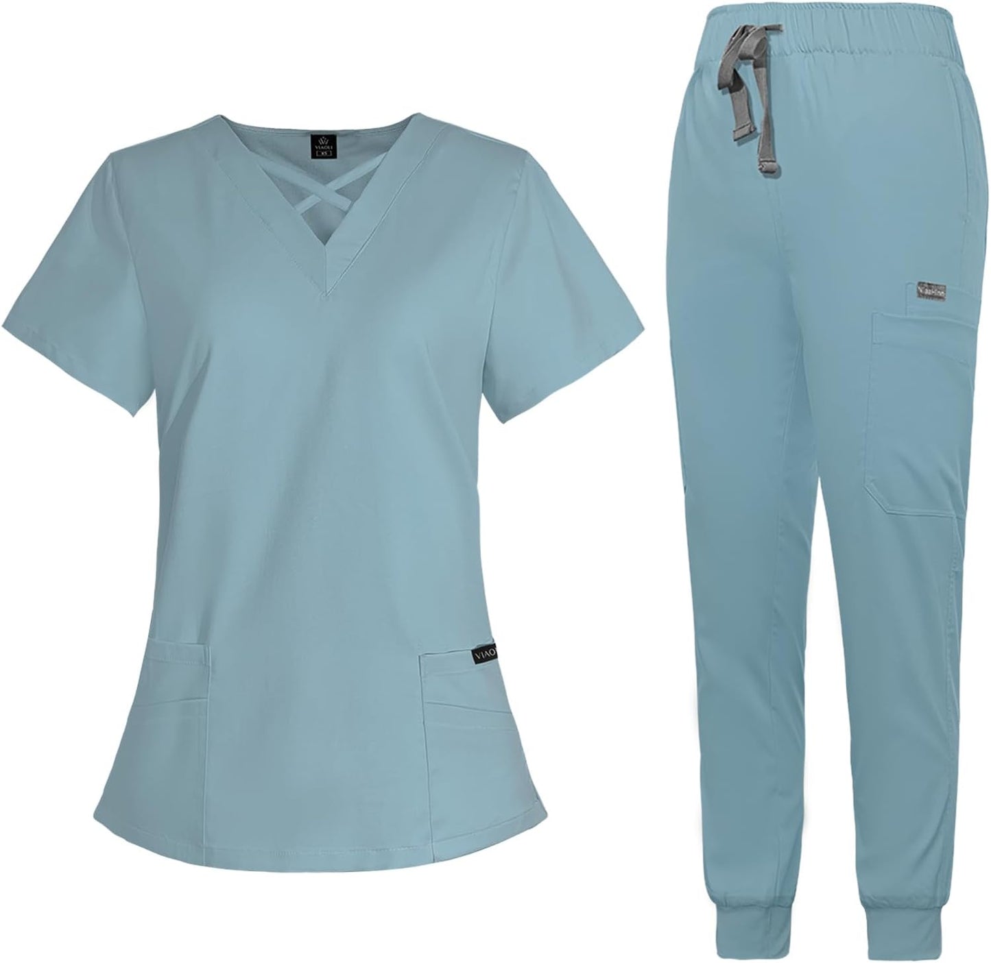 VIAOLI Scrubs for Women Set with V-Neck Top & Jogger Pants