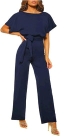 Casual Loose Short Sleeve Belted Wide Leg Romper Jumpsuit - Versatile