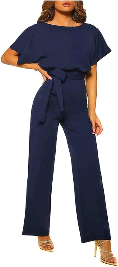 Happy Sailed Women Casual Loose Short Sleeve Belted Romper