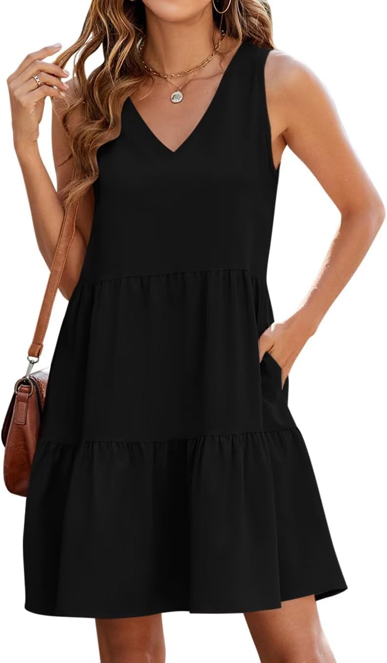 QACOHU Women's Summer Sleeveless V Neck Mini Dress with Pockets