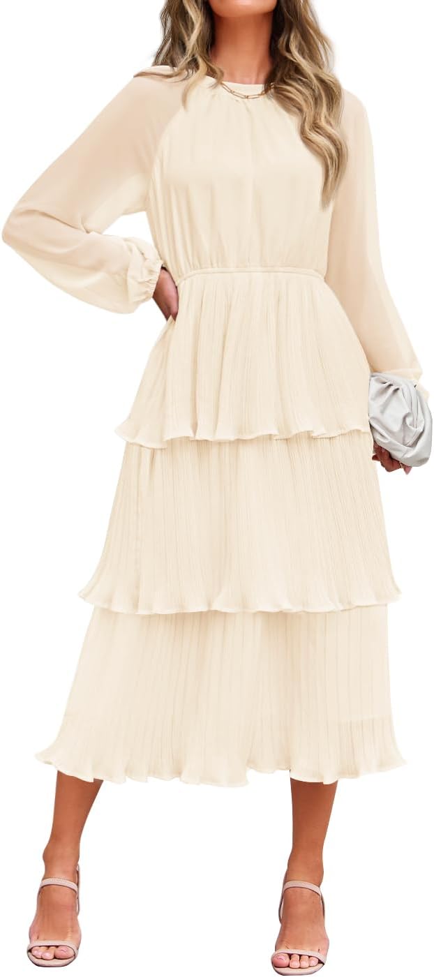ZESICA Women's Long Sleeve Ruffle Tiered Midi Dress for Elegance