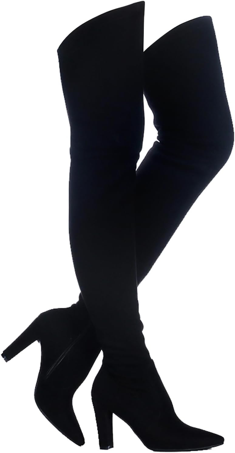 Shoe'N Tale Women Stretch Suede Chunky Heel Over The Knee Boots