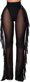 COCOLEGGINGS Women's Sheer Mesh Ruffle Pants for Swimwear