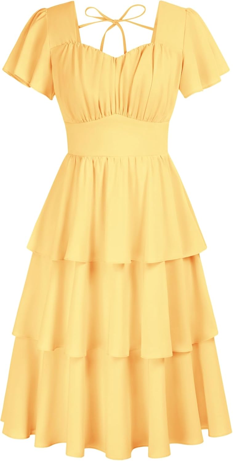 Belle Poque Women's Square Neck Tiered Ruffle Dress for Summer