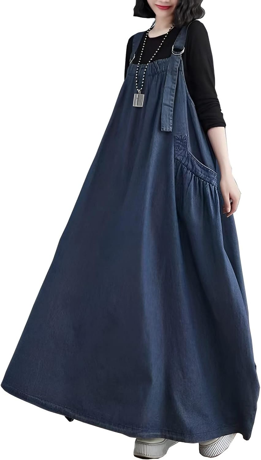 Denim Jumper Dress for Women with Adjustable Straps and Pockets