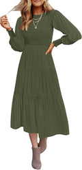 Womens Casual Long Sleeve Smocked High Waist Tiered Midi Dress - Flowy