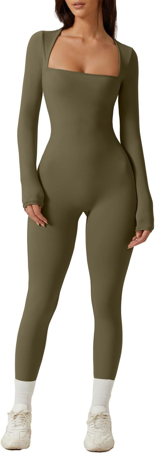 QINSEN Womens Sexy Square Neck Long Sleeve Jumpsuit for Fall
