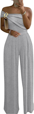 One Shoulder Wide Leg Jumpsuit - Elegant Ruched Dressy Jumpsuit
