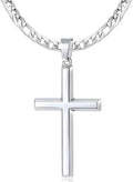Sterling Silver Beveled Edge Cross Necklace for Men - 5mm Figaro Chain