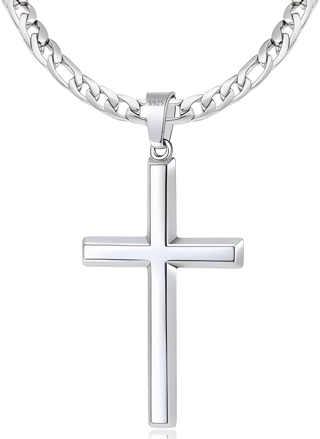 S925 Sterling Silver Cross Necklace for Men Women with Figaro Chain