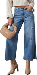 Allimy Womens High Waisted Wide Leg Ripped Capri Jeans - Stretchy Fit