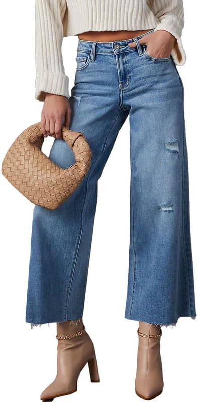 High Waisted Straight Ankle Wide Leg Ripped Jeans for Women
