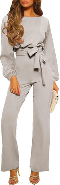 Happy Sailed Womens Dressy Jumpsuit Long Sleeve Belted Wide Leg Pant