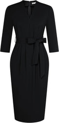Womens Work V Neck 3/4 Sleeve Bodycon Dress - Tie Waist