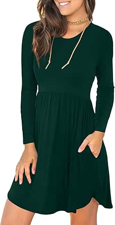 LONGYUAN Womens Long Sleeve Casual Swing Dress with Pockets