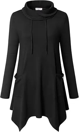 Bulotus Women's Long Sleeve Cowl Neck Tunic with Pockets