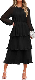 ZESICA Long Sleeve Ruffle Tiered Chiffon Midi Dress - Flowy Midi Swing