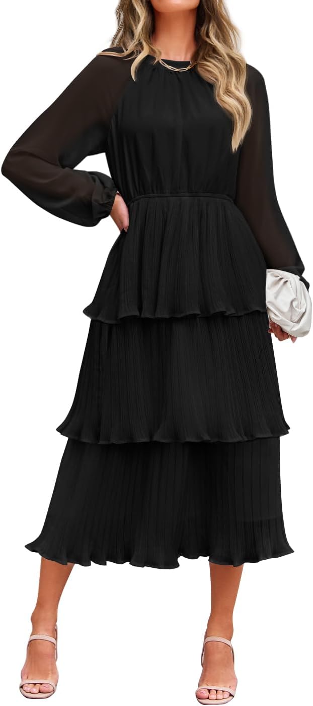 ZESICA Women's Long Sleeve Ruffle Tiered Midi Dress for All Occasions