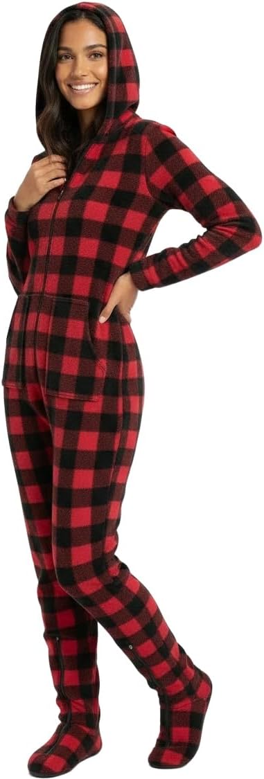 Cozy Hooded Fleece Adult Onesie Pajamas for Women - Red Black Check