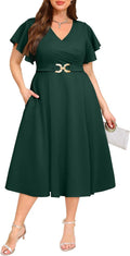 Pinup Fashion Women Plus Size A-Line Midi Dress - Pockets & Ruching