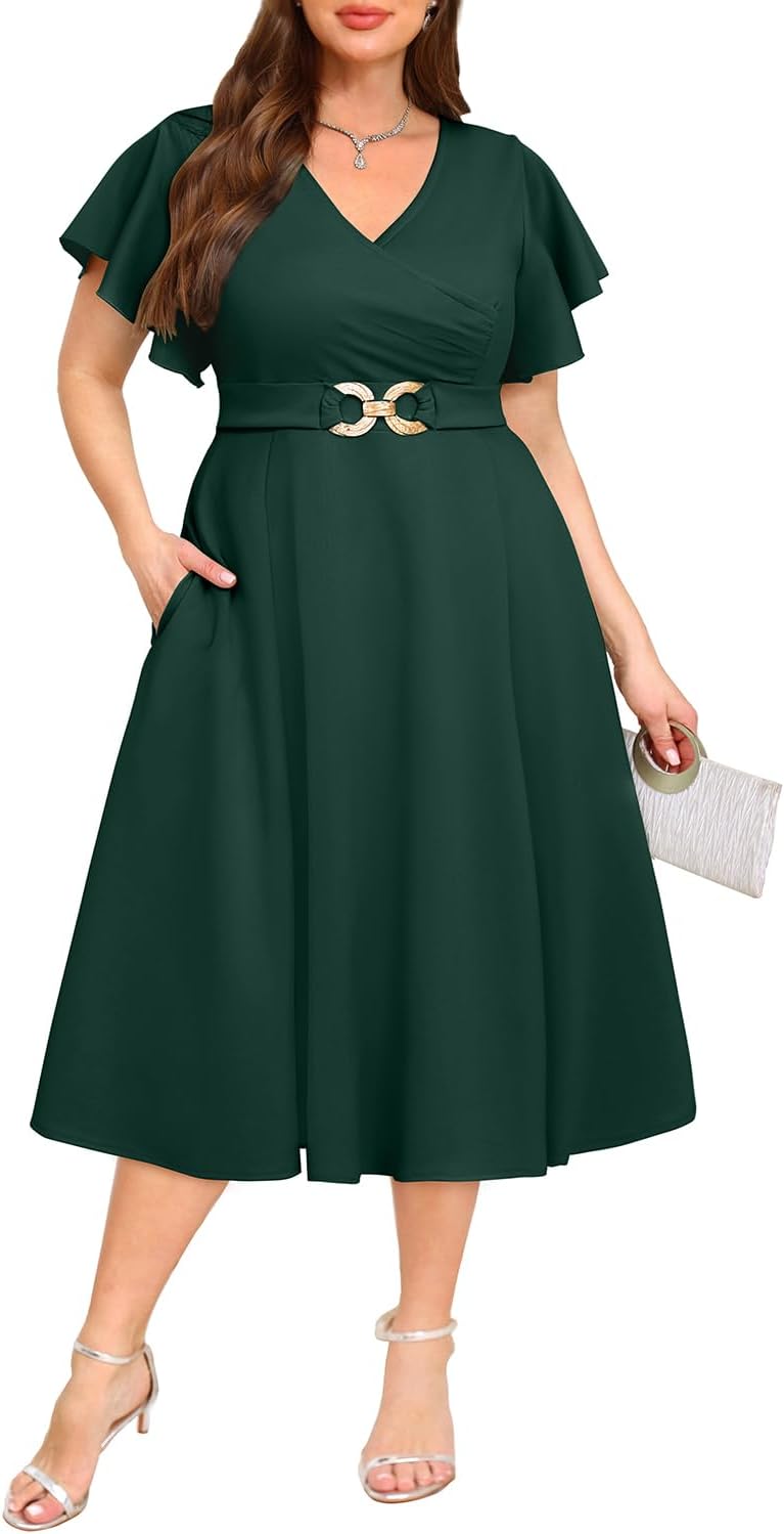 Plus Size A-Line Midi Dress with Pockets for Wedding Guests