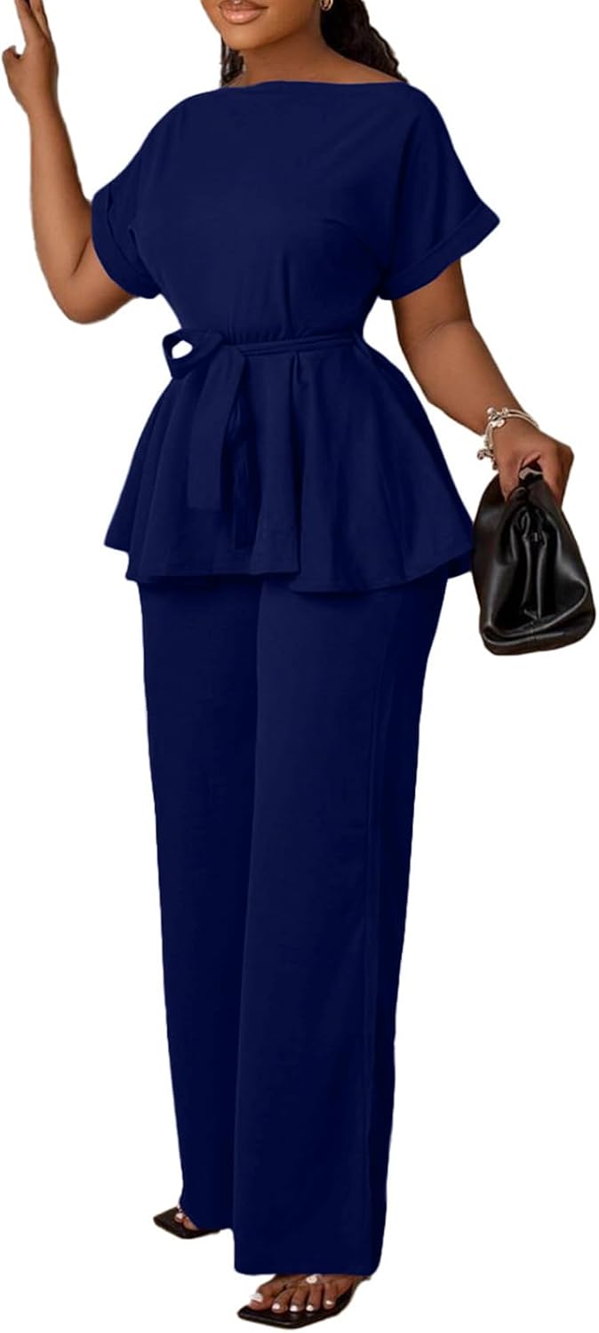 Women's 2 Piece Outfits Suit Set with Peplum Top and Flared Pants