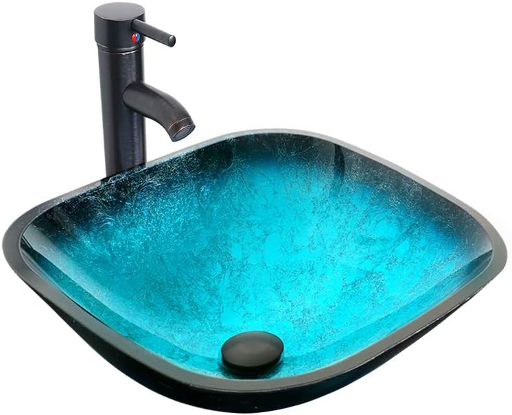 Modern Artistic Turquoise Square Bathroom Vessel Sink with Faucet