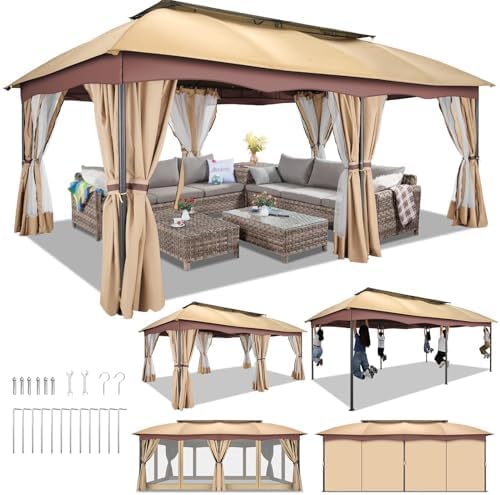 12x20 Outdoor Gazebo - Double Vent Roof, Privacy Curtains, Mosquito Net - Easy Setup, Stable Frame (Khaki)