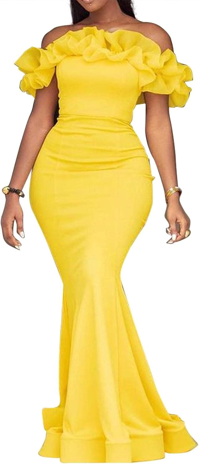Cololura Sexy Floor-Length Off Shoulder Ruffles Maxi Dress