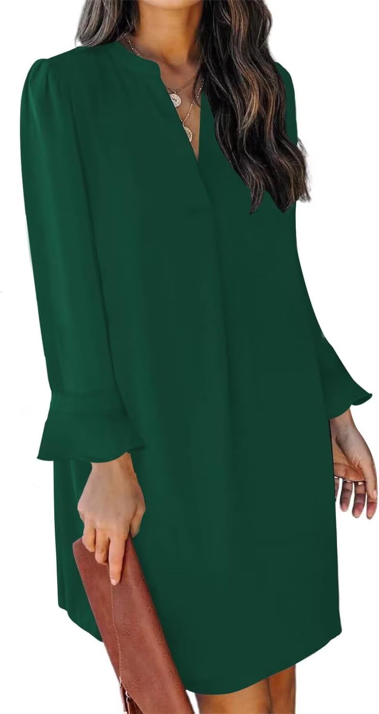 QACOHU Fall Dresses for Women V Neck Long Sleeves Mini Tunic