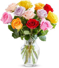 One Dozen Rainbow Roses with Glass Vase - Fresh Mixed Rose Bouquet