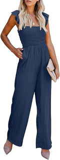 BLENCOT Womens Ruffle Spaghetti Strap High Waisted Wide Leg Jumpsuit