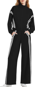 Women's 2 Piece Lounge Outfits Zip Up Sweat Set Contrast Striped Wide