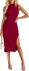 IHOT Mock Neck Ruched Bodycon Dress - Sleek Side Slit Midi