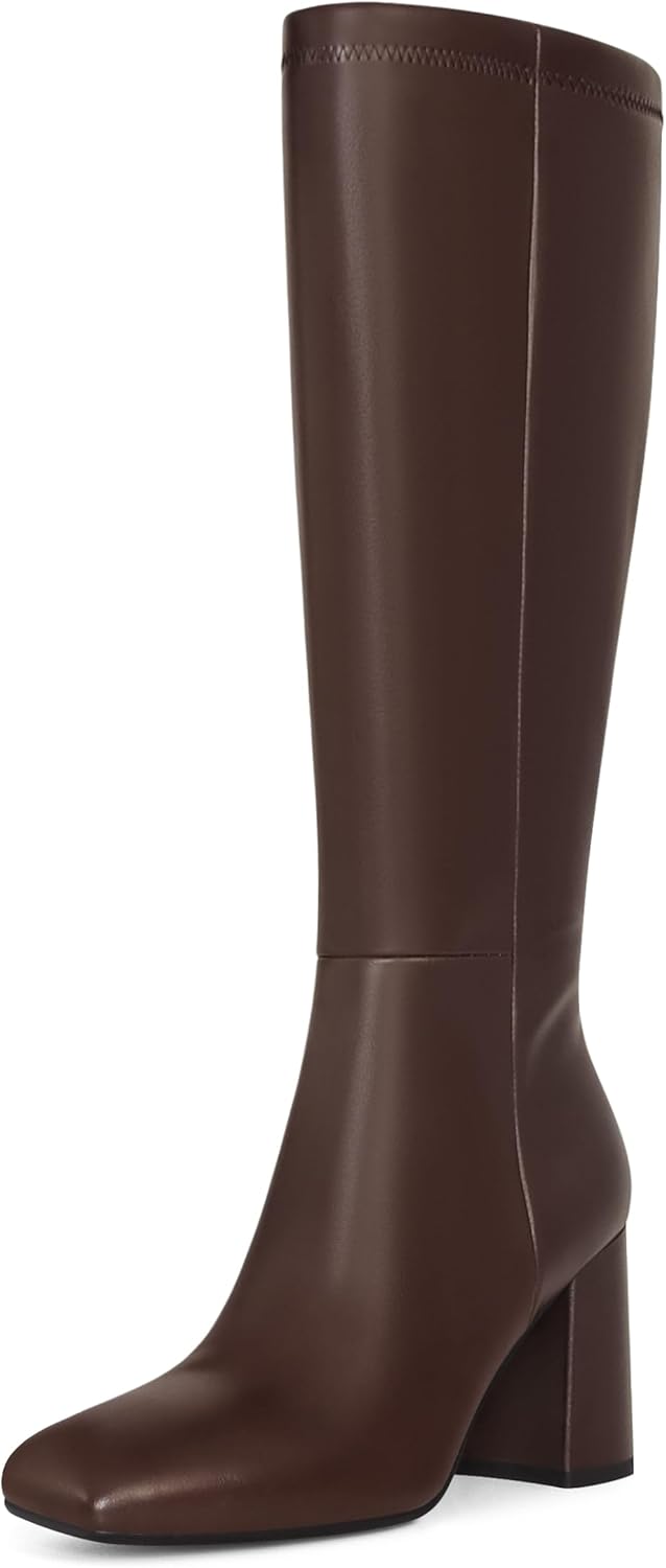 SOVANYOU Women's Faux Leather Tall Boots with Chunky Heels