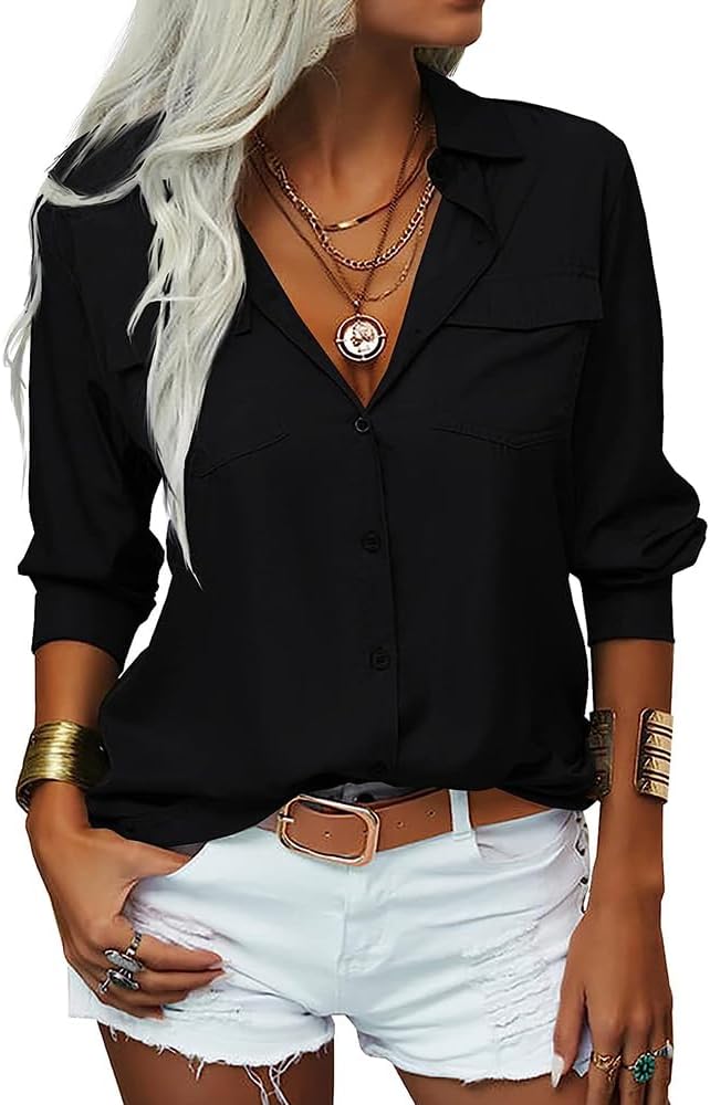 Stylish Womens Solid Lapel Long Sleeves Button Down Shirt Top