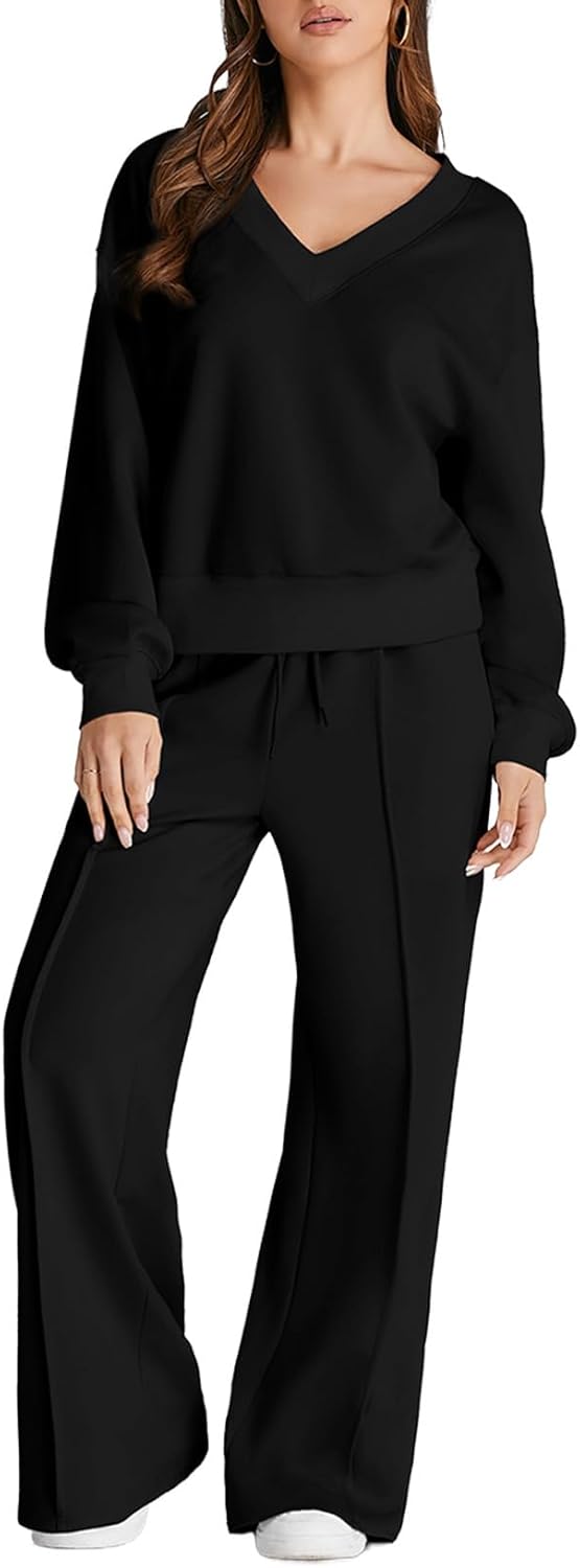 Herseas Women 2 Piece Outfits Casual V Neck Sweatshirt Set