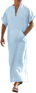 COOFANDY Men's Short Sleeve V-Neck Linen Kaftan Robe for Comfort