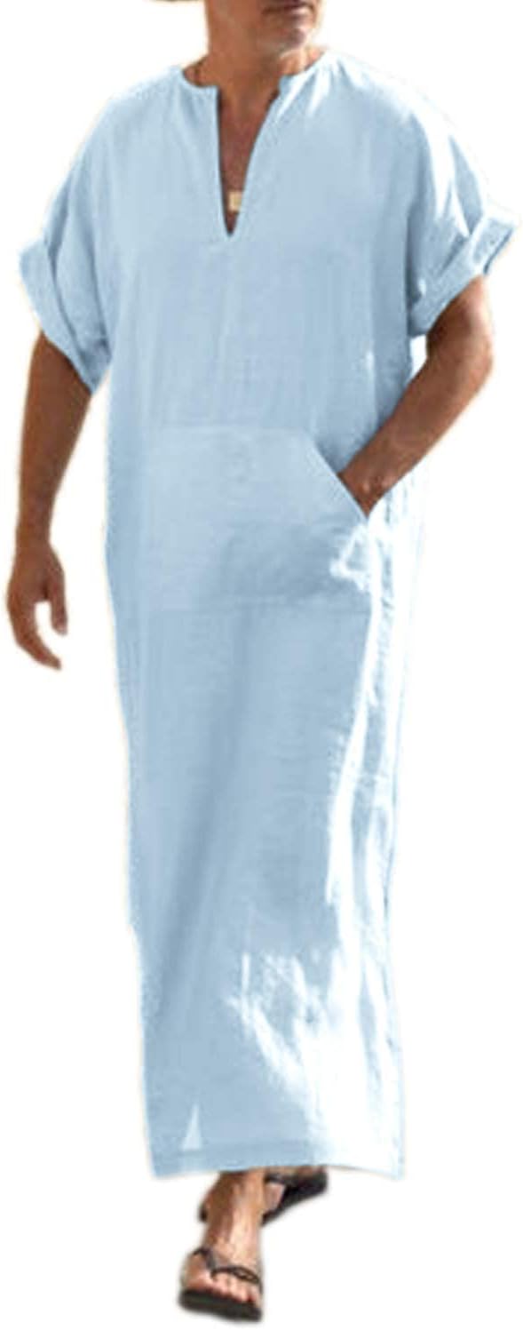 COOFANDY Men's V-Neck Linen Robe Short Sleeve Kaftan Gown