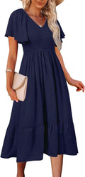 Women's Summer V Neck Ruffle Sleeve Smocked Midi Dress - With Pockets