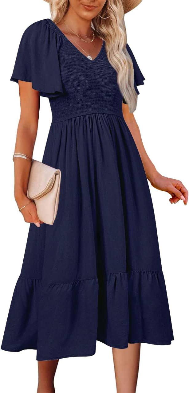 MEROKEETY Women's Summer Casual V Neck Ruffle Sleeve Dress