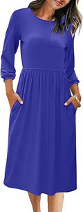 Women's Balloon Sleeve Striped High Waist Midi Dress - With Pockets