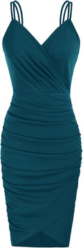 Women's Sexy Spaghetti Straps Cocktail Dress - Ruched V-Neck Midi